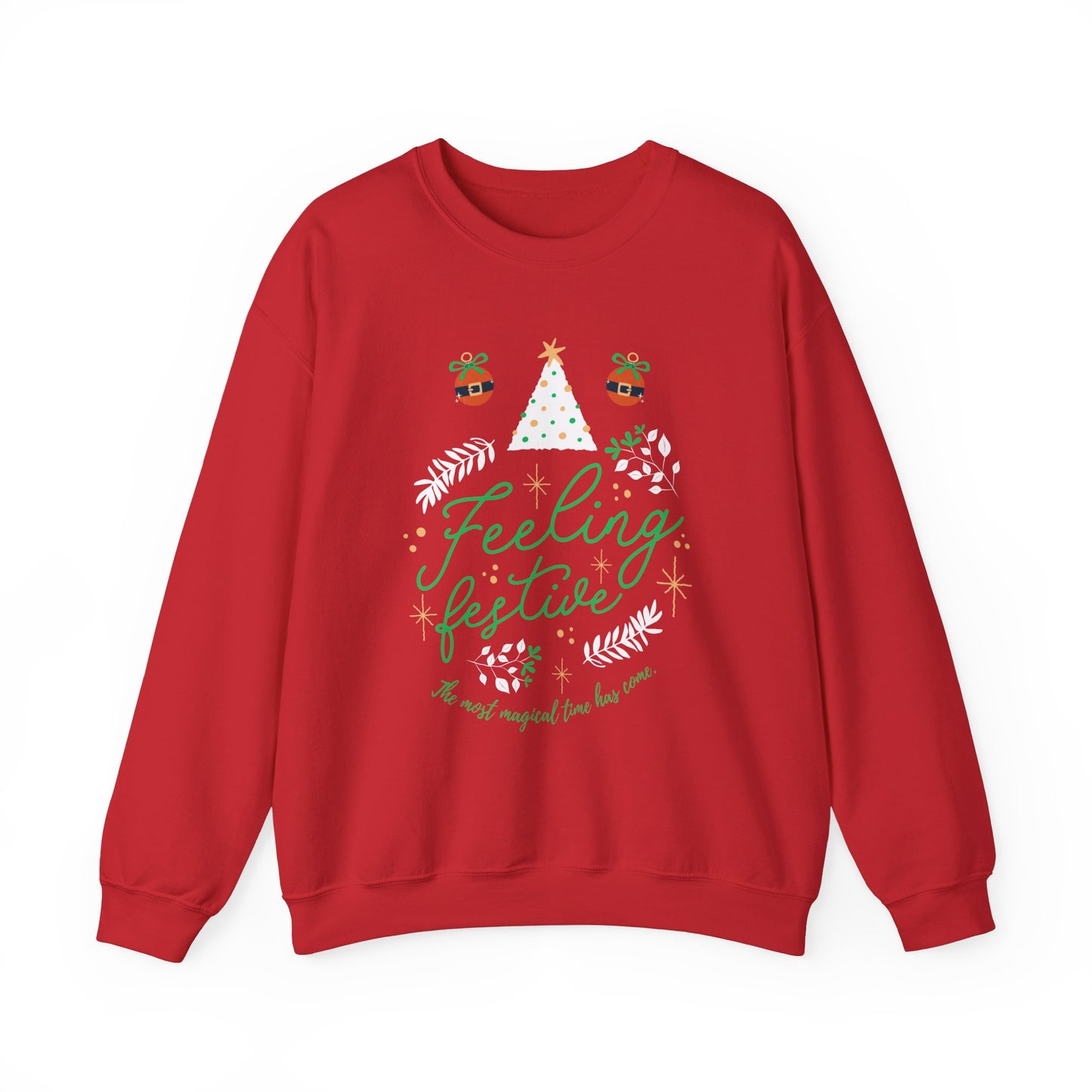 Red 'Feeling Festive' Christmas sweater with tree and ornament graphics.