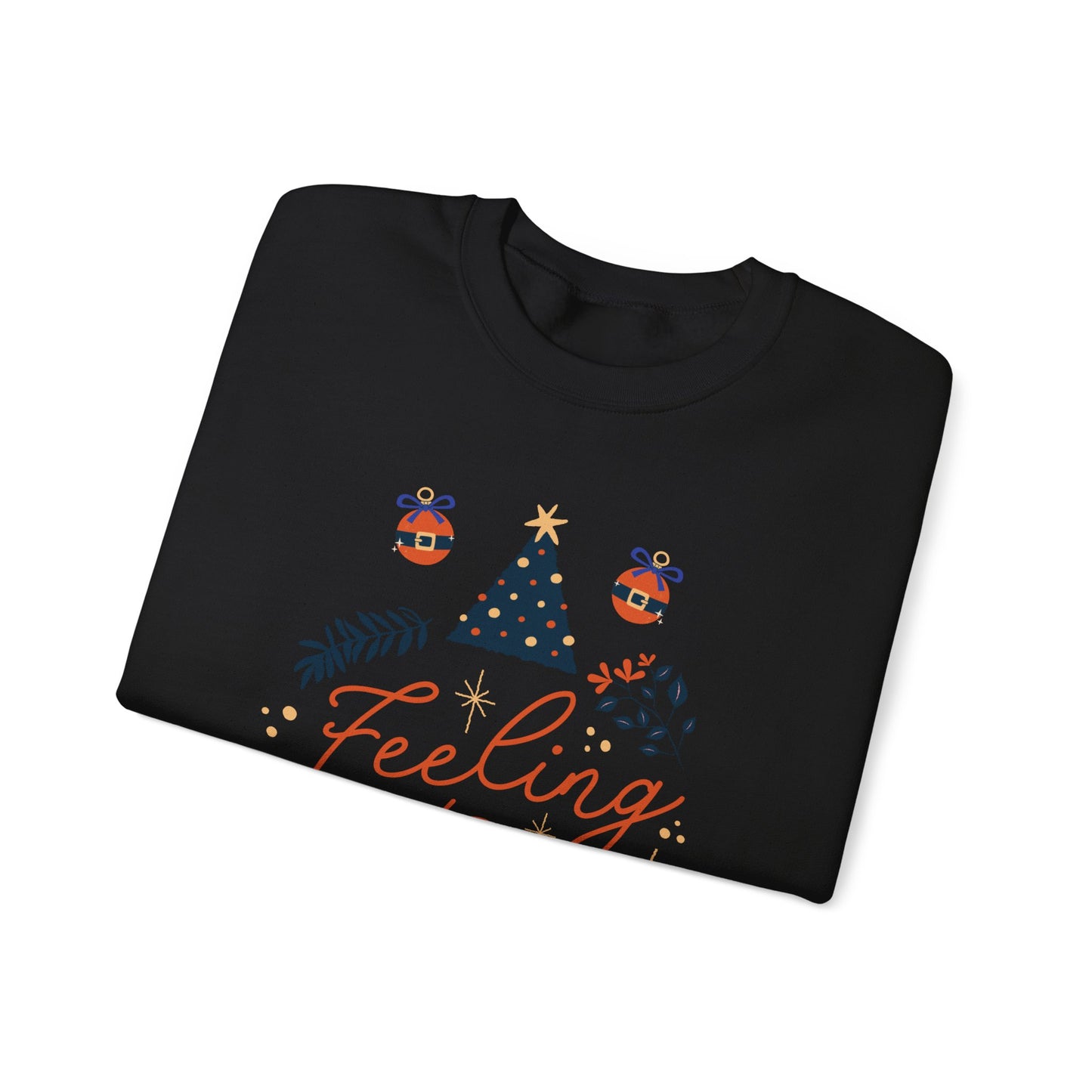 Black sweatshirt with 'Feeling' text and festive Christmas tree and ornament graphics.