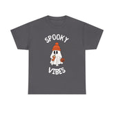 Gray 'Spooky Vibes' t-shirt with a ghost graphic wearing an orange beanie, holding a drink and pumpkin.