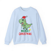 Light blue Christmas sweatshirt featuring a dinosaur with a Santa hat and Christmas lights.