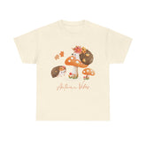 Beige t-shirt with 'Autumn Vibes' text and hedgehog & mushroom illustration.