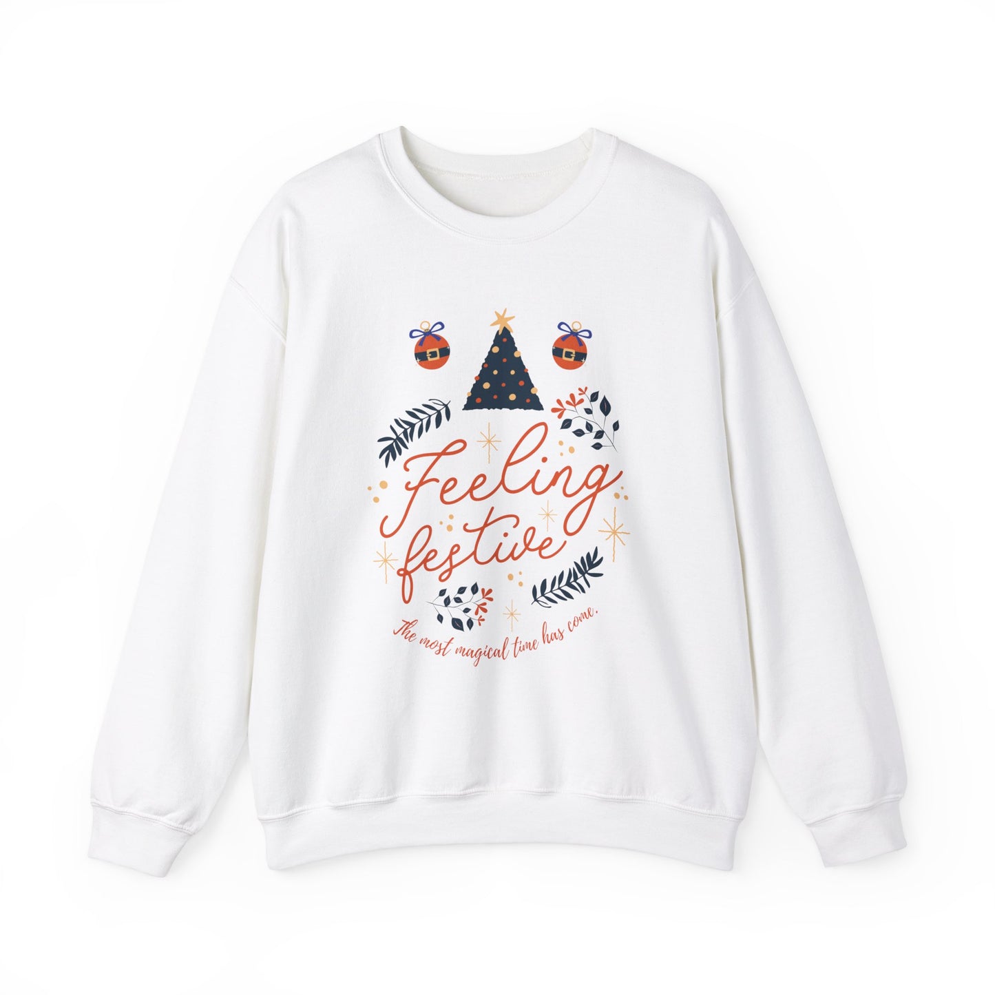 White sweatshirt with 'Feeling festive' graphic featuring a Christmas tree and ornaments.