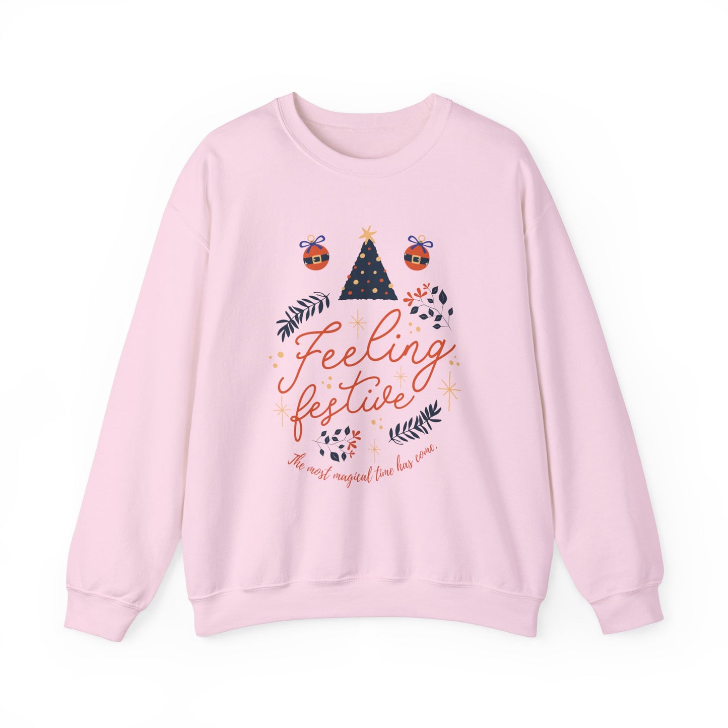 Pink 'Feeling Festive' Christmas sweatshirt with a Christmas tree and ornaments graphic.