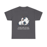 Grey t-shirt with cartoon panda graphic that says 'I'm not lazy, I'm just on energy saving mode'.