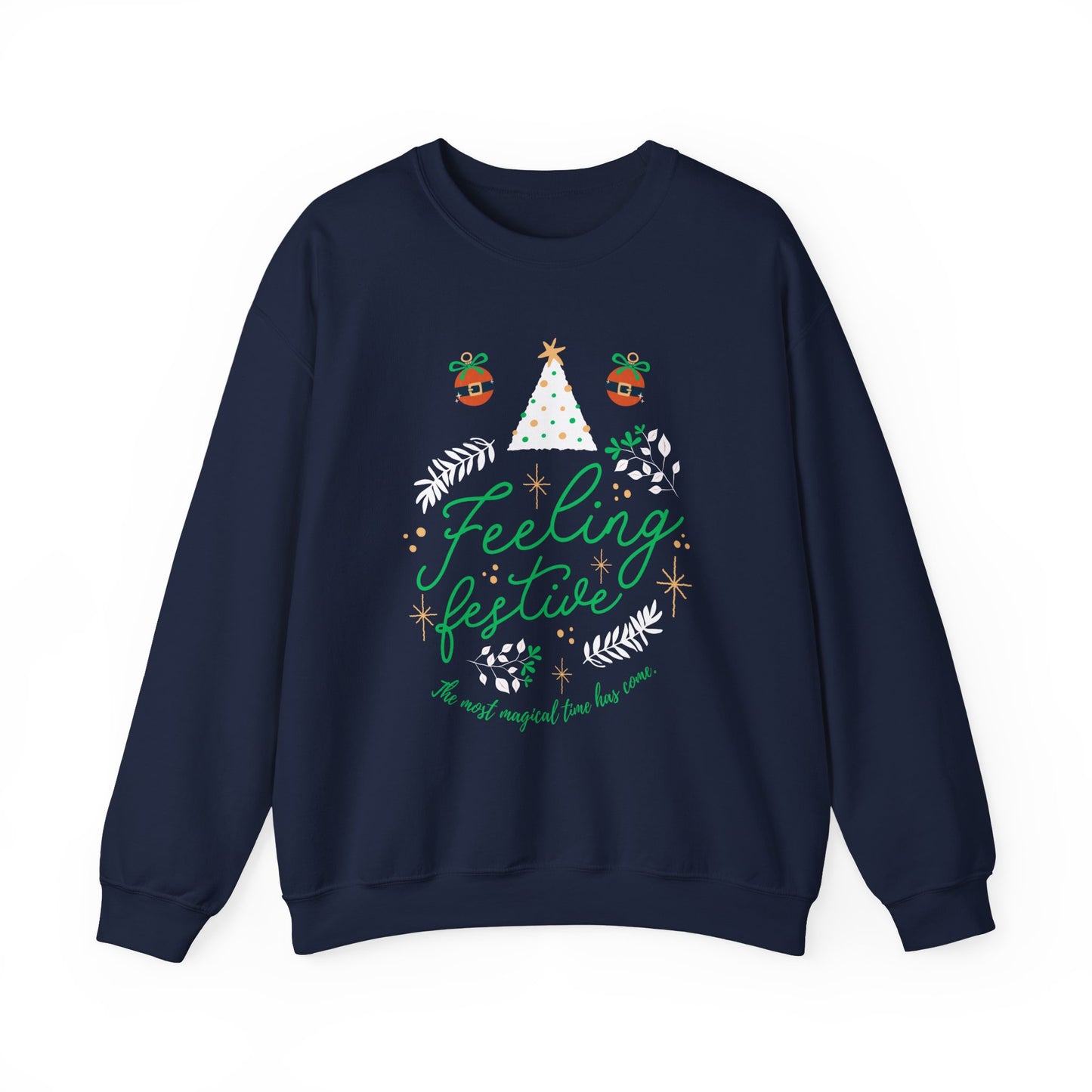Navy blue sweatshirt with 'Feeling Festive' graphic featuring a Christmas tree and ornaments.