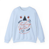 Light blue sweatshirt with 'Feeling Festive' graphic featuring ornaments and a Christmas tree.