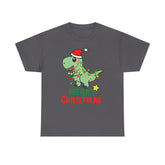 Gray t-shirt with cartoon dinosaur wearing a Santa hat and Christmas lights, reads 'Merry Christmas'.