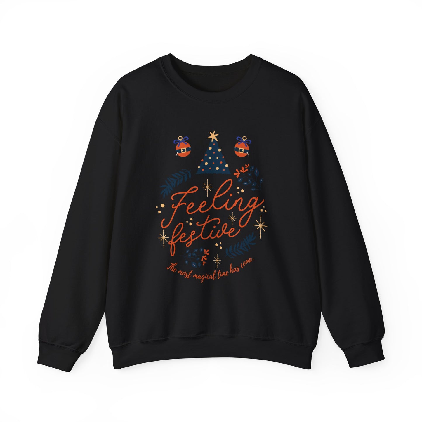 Black 'Feeling Festive' Christmas sweatshirt with tree and ornament graphics.