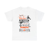 White T-shirt with 'When Witches Go Riding' Halloween graphic featuring witches, black cats, and a moon design.