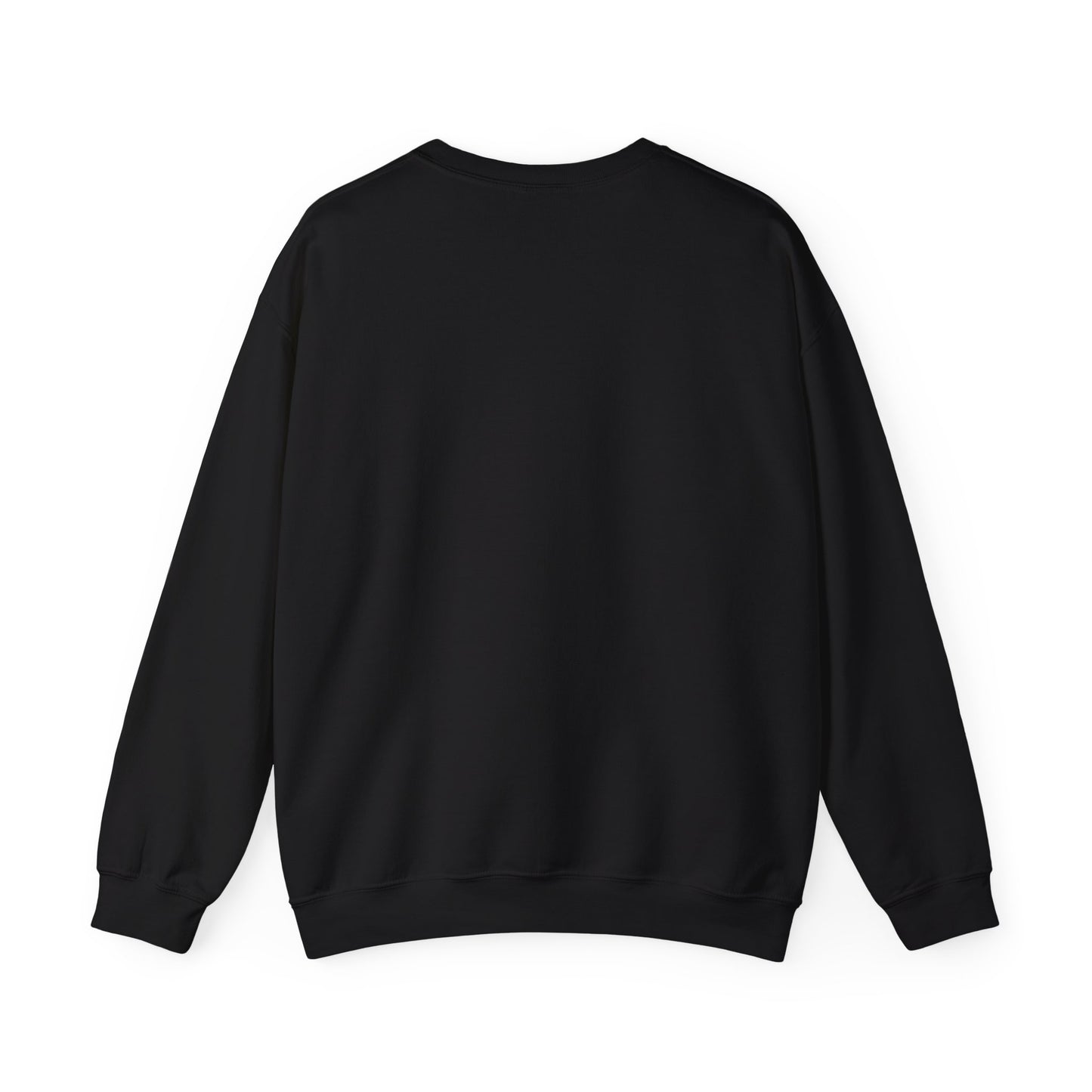 Back view of a black crewneck sweatshirt.