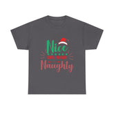 Gray T-shirt with 'Nice Until Proven Naughty' Christmas graphic featuring Santa hat. Festive holiday apparel.