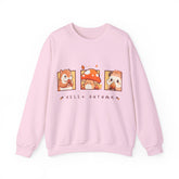 Light pink sweatshirt with 'Hello Autumn' and cute animal illustrations of a squirrel, mushroom, and hedgehog.