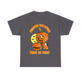 Gray Halloween t-shirt with 'Pumpkin Halloween Trick or Treat' graphic featuring cartoon pumpkins.