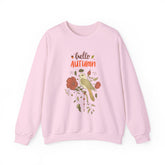 Light pink sweatshirt with a 'Hello Autumn' design featuring a bird and flowers.