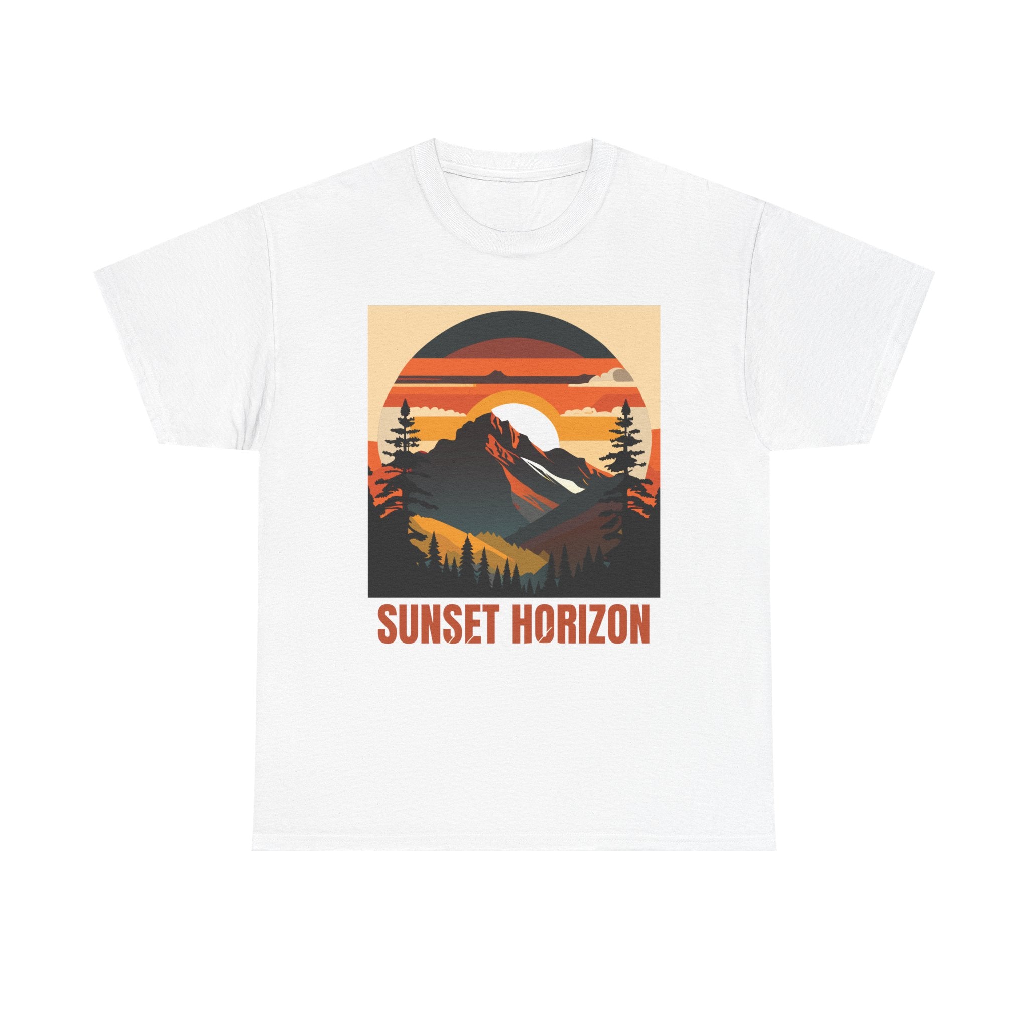 White t-shirt featuring a 'Sunset Horizon' mountain graphic print.