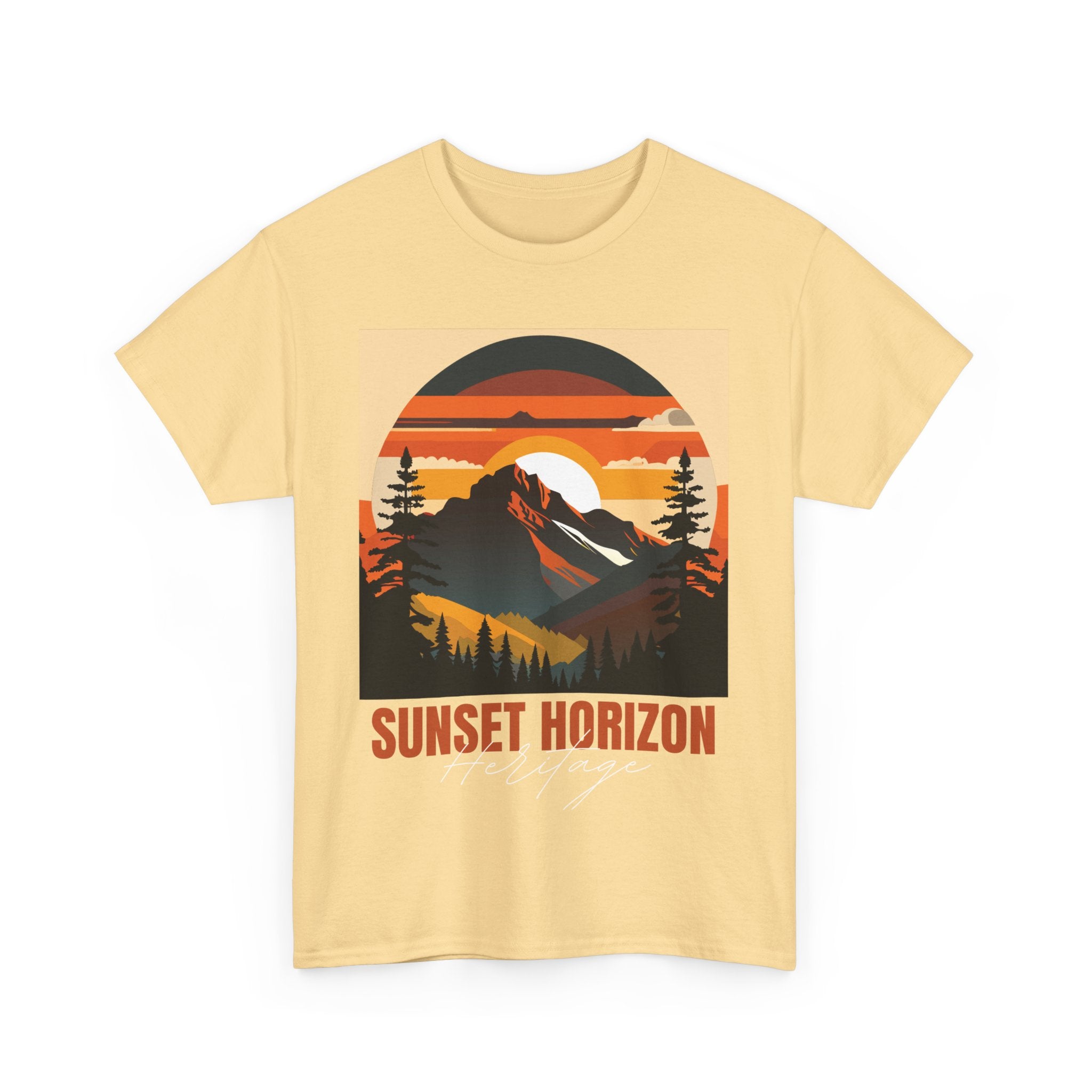 Light yellow t-shirt with a graphic of a mountain sunset and pine trees. 'Sunset Horizon Heritage' text.