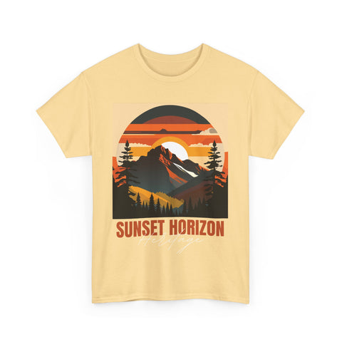 Light yellow t-shirt with a graphic of a mountain sunset and pine trees. 'Sunset Horizon Heritage' text.