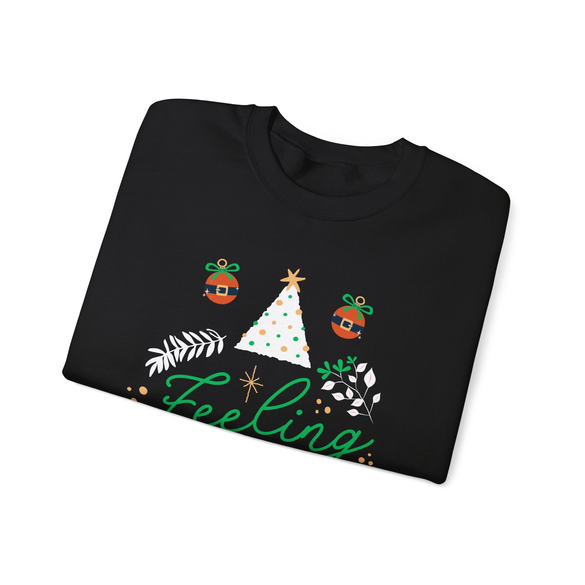 Black sweatshirt with "Feeling" text and holiday tree and ornament design.