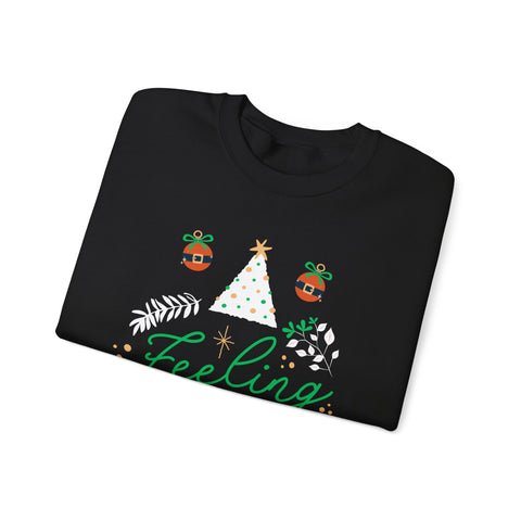 Black sweatshirt with "Feeling" text and holiday tree and ornament design.