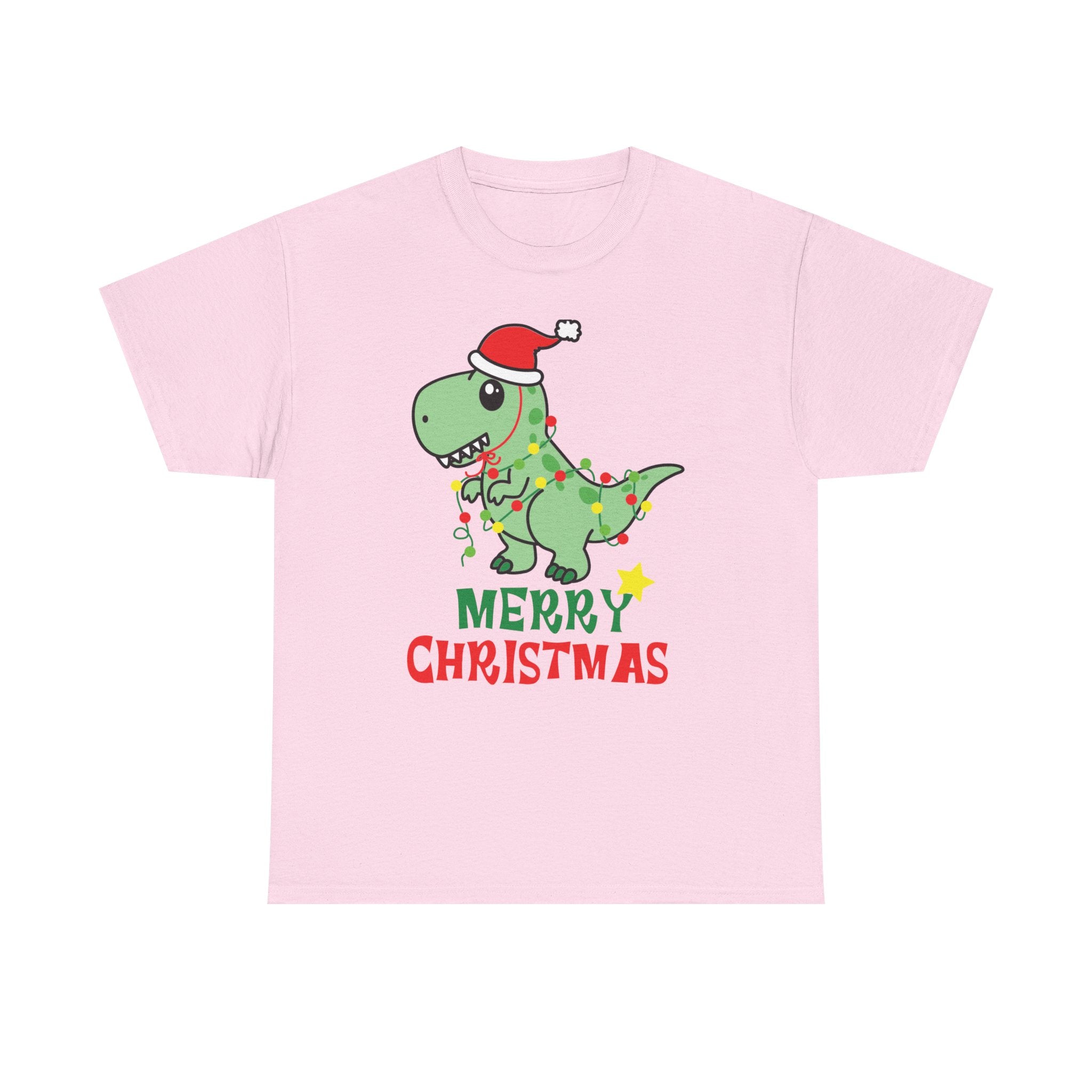 Pink T-shirt with cartoon dinosaur wearing Santa hat and Christmas lights, reads 'Merry Christmas'.