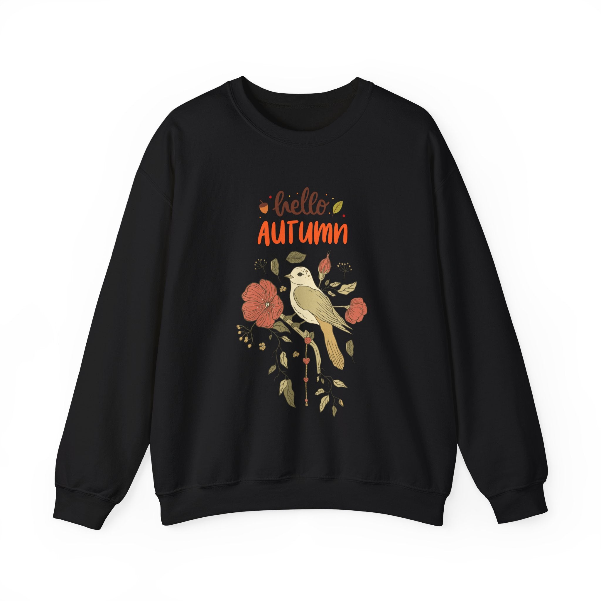 Black sweatshirt featuring 'Hello Autumn' text and bird-and-flower illustration.
