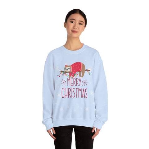 Light blue "Merry Christmas" sweatshirt with sloth in Santa hat and sweater on branch with Christmas lights.