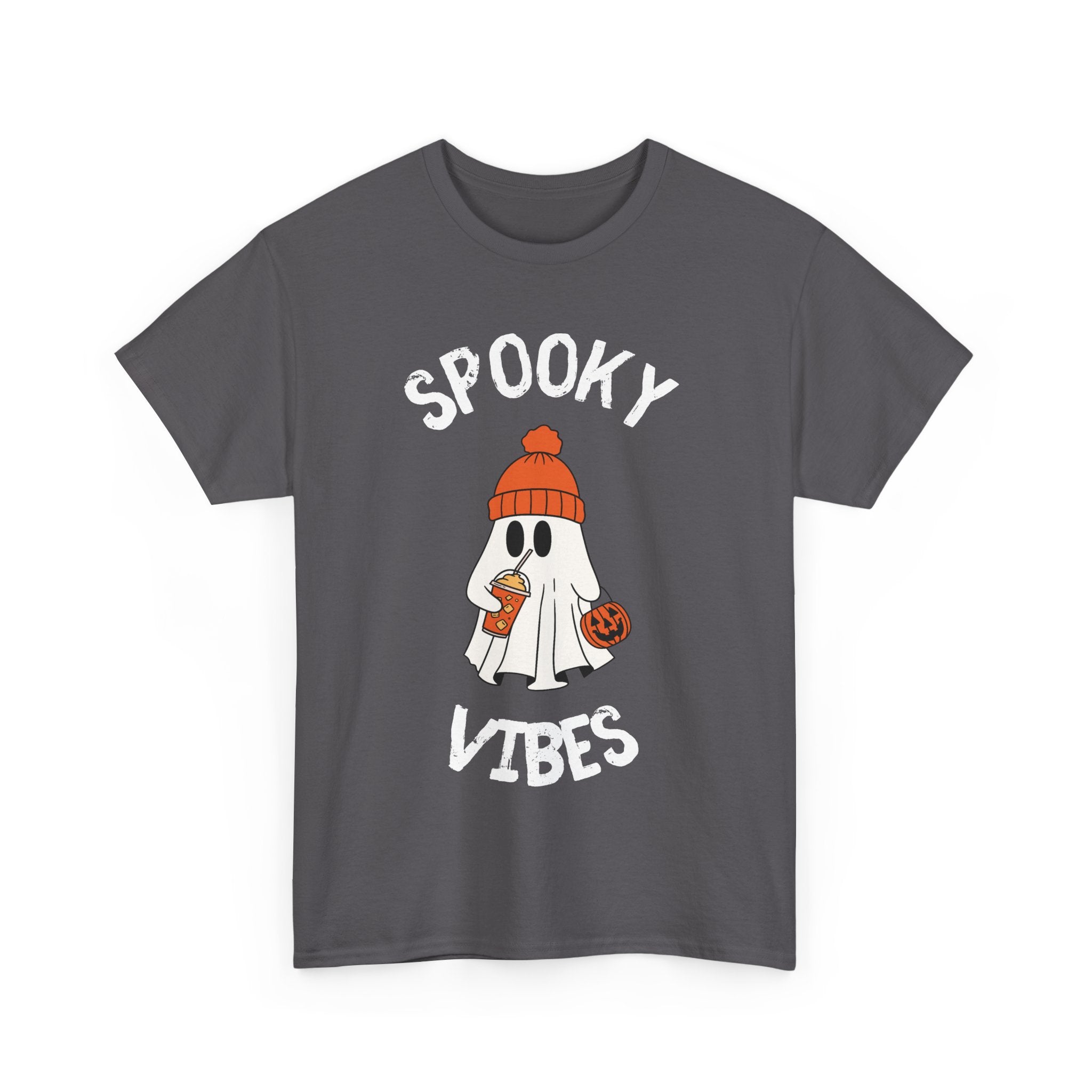 Gray 'Spooky Vibes' T-shirt featuring a ghost with a pumpkin spice latte and jack-o'-lantern.
