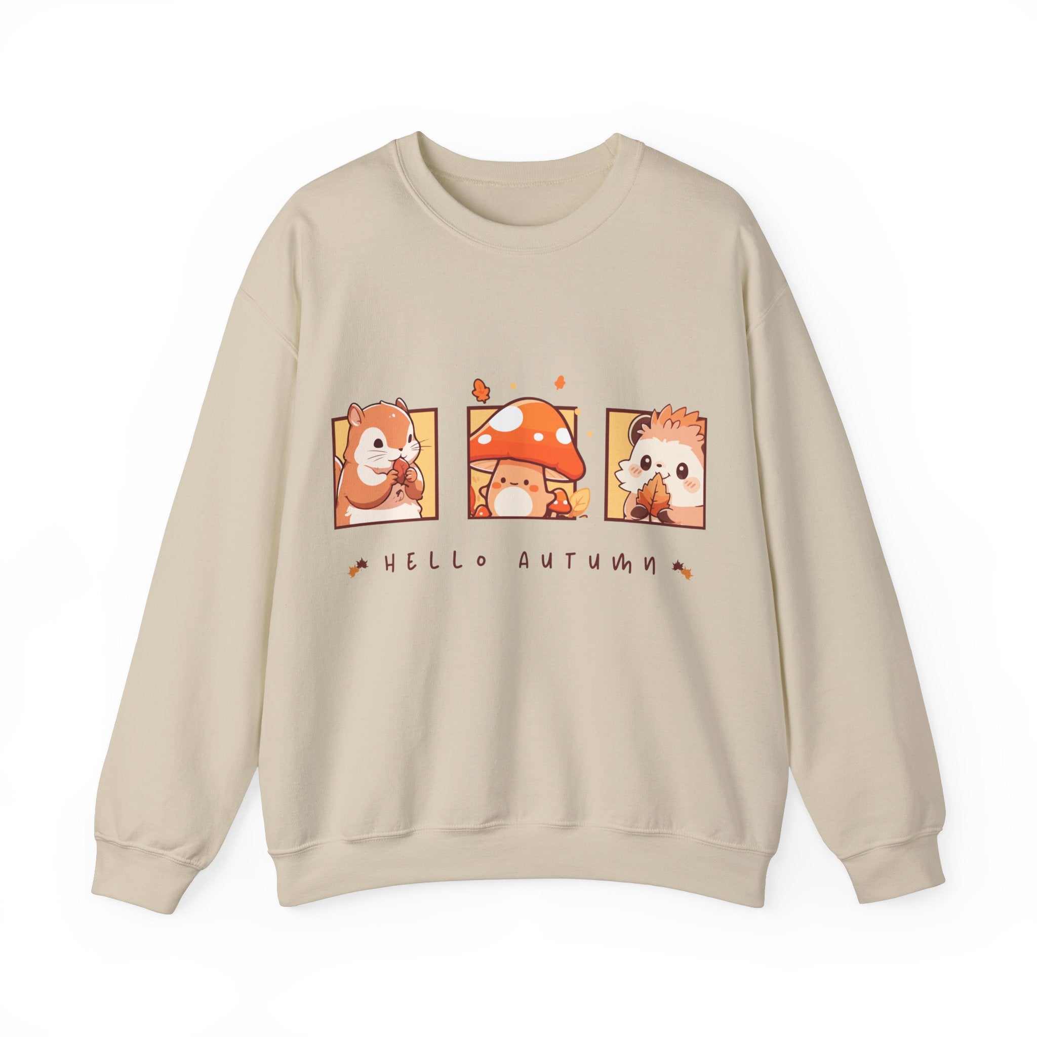 Beige sweatshirt with 'Hello Autumn' design featuring a squirrel, mushroom, and hedgehog.