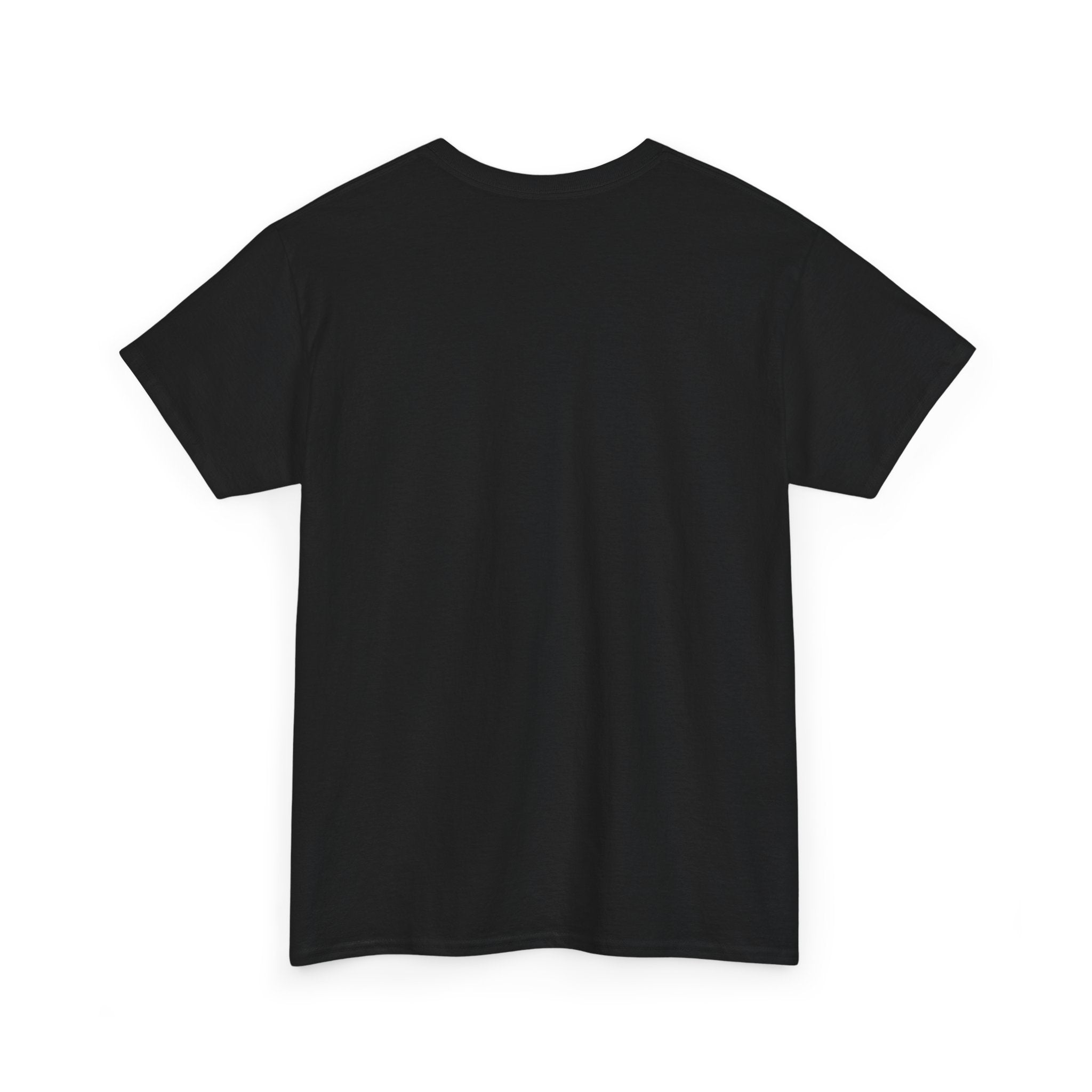 Black crew neck t-shirt on a white background.