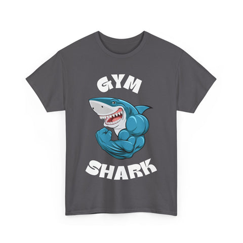 Gray Gym Shark t-shirt featuring a cartoon shark with muscular arms flexing.