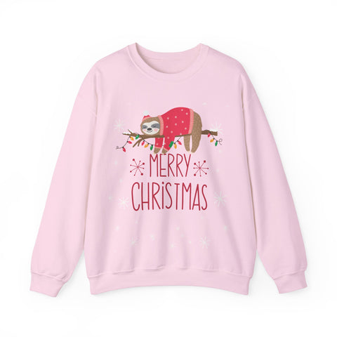 Pink sweatshirt with a Christmas sloth design wearing a Santa hat and sweater.