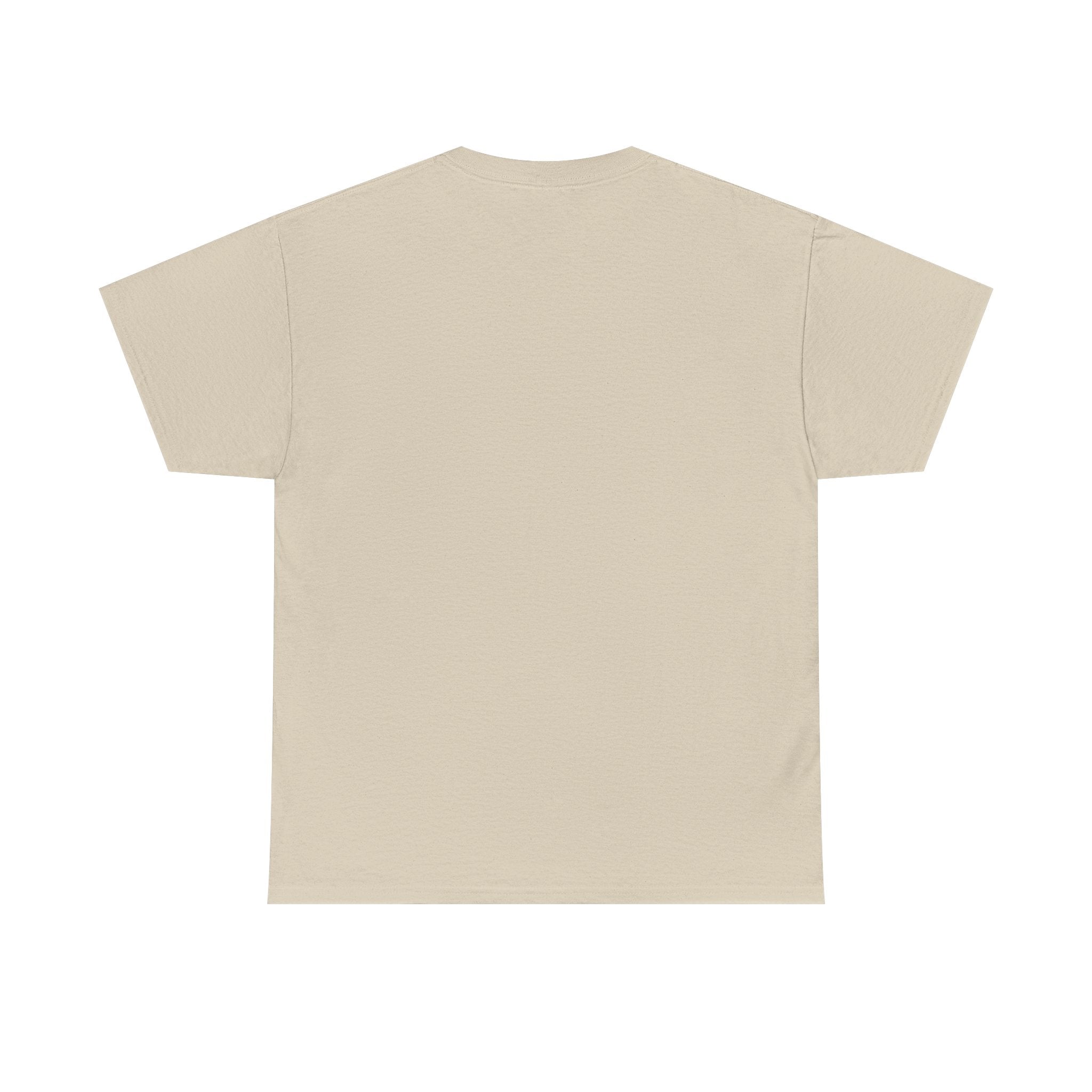 Beige crew neck t-shirt, short sleeve.