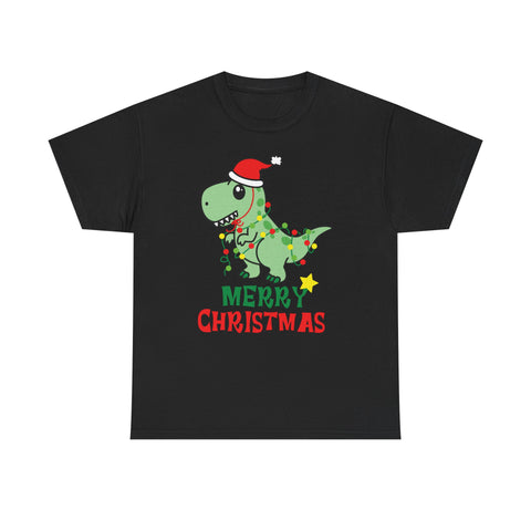 Black t-shirt with a Christmas dinosaur wearing a Santa hat and Christmas lights graphic.