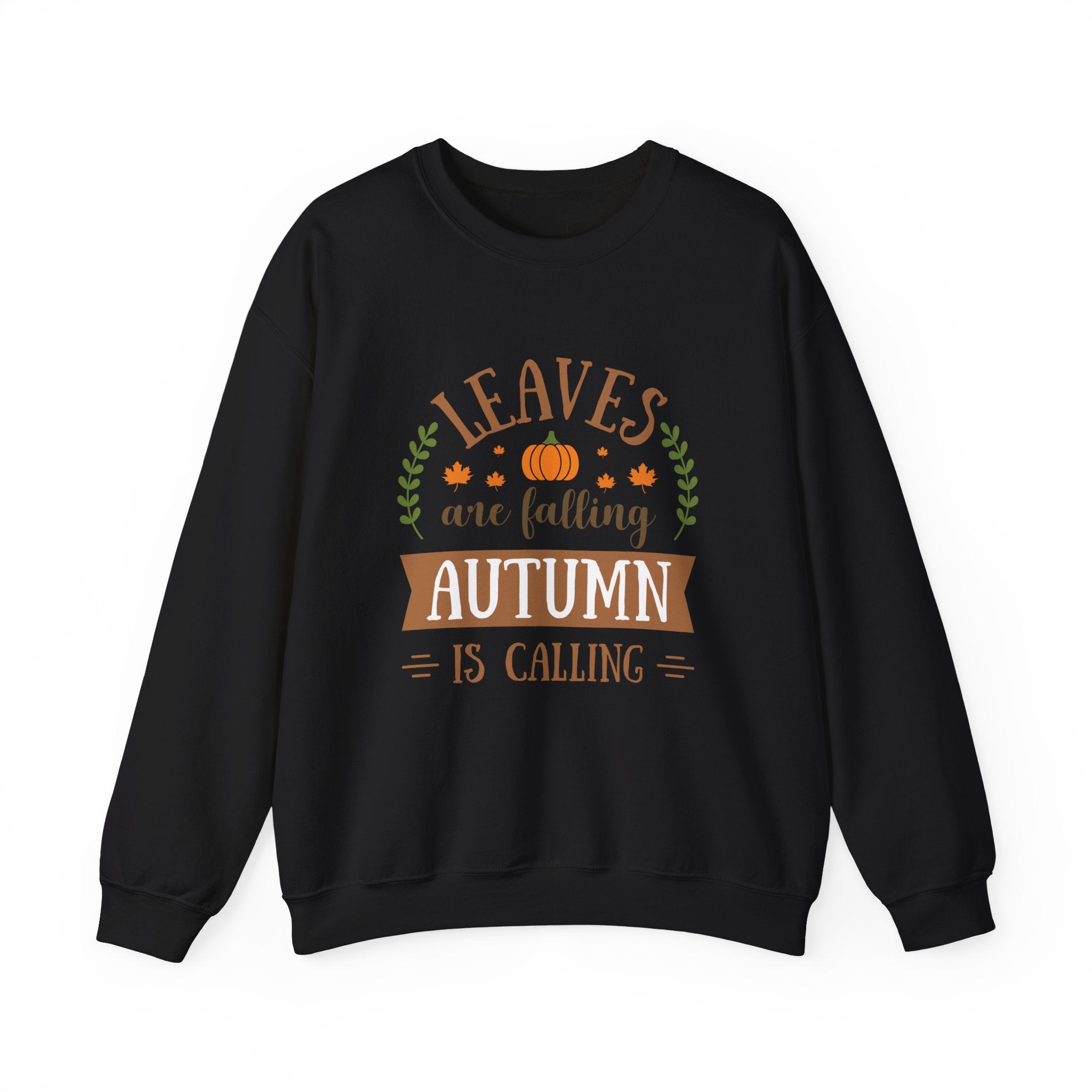 Black sweatshirt with 'Leaves are falling Autumn is calling' graphic.