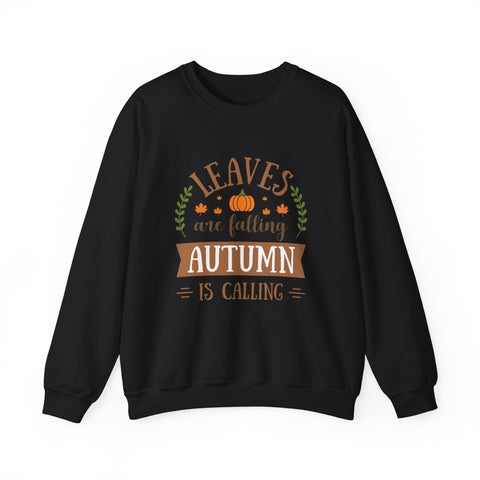 Black sweatshirt with 'Leaves are falling Autumn is calling' graphic.