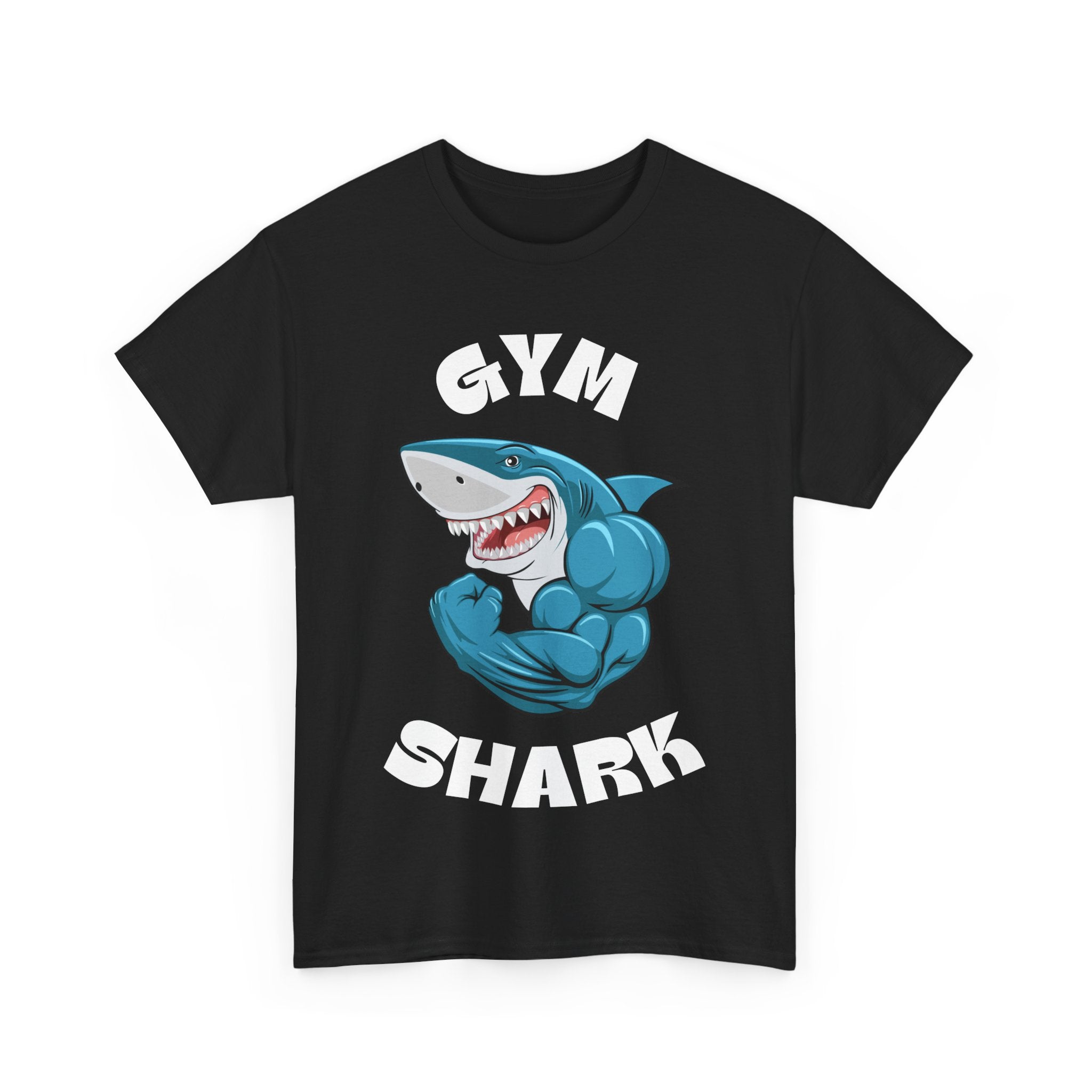 Black Gym Shark t-shirt with cartoon shark graphic flexing muscles.