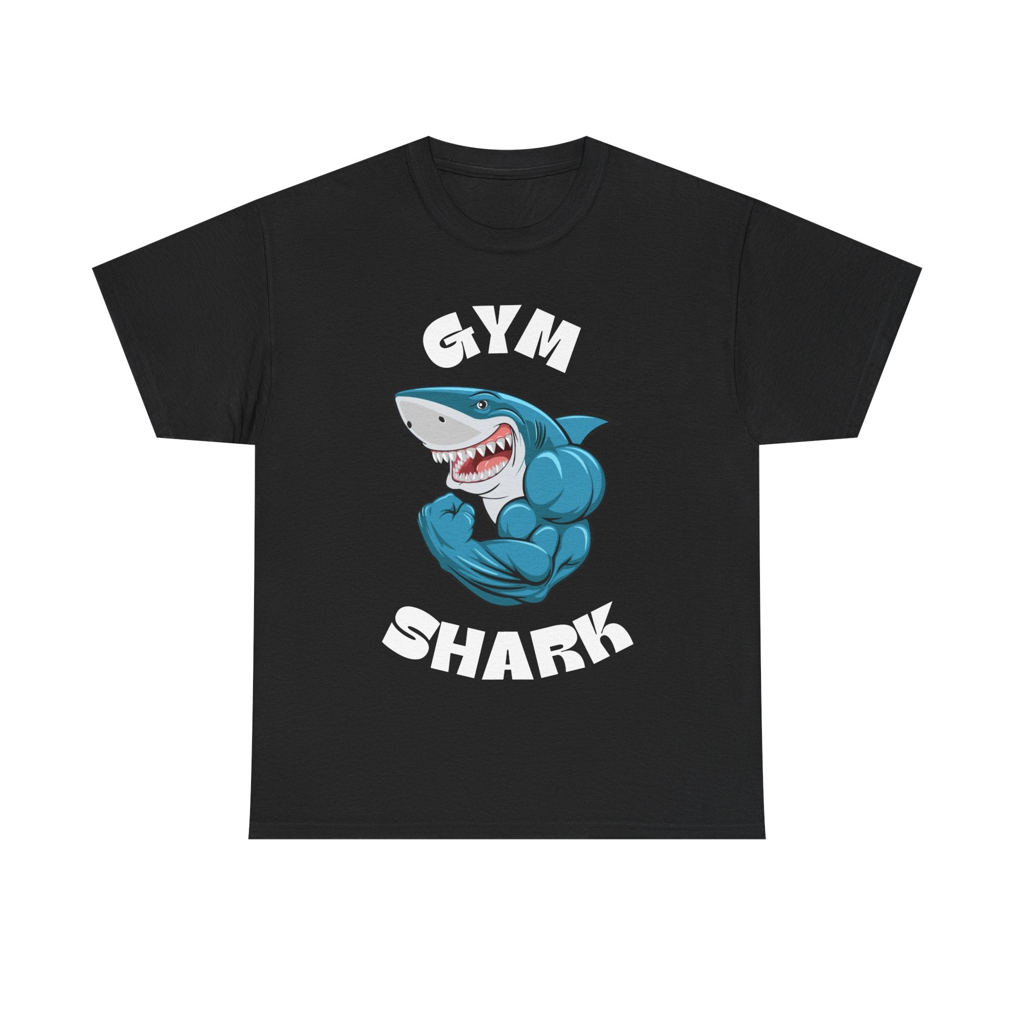 Black T-shirt with a cartoon shark flexing its muscles, featuring 'Gym Shark' text.