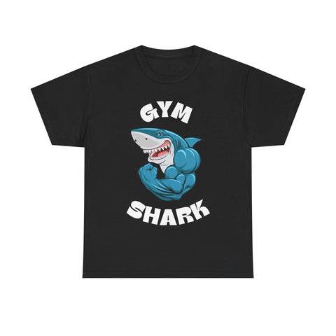 Black T-shirt with a cartoon shark flexing its muscles, featuring 'Gym Shark' text.