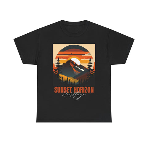 Black t-shirt featuring a "Sunset Horizon Heritage" graphic with mountain and sunset design.