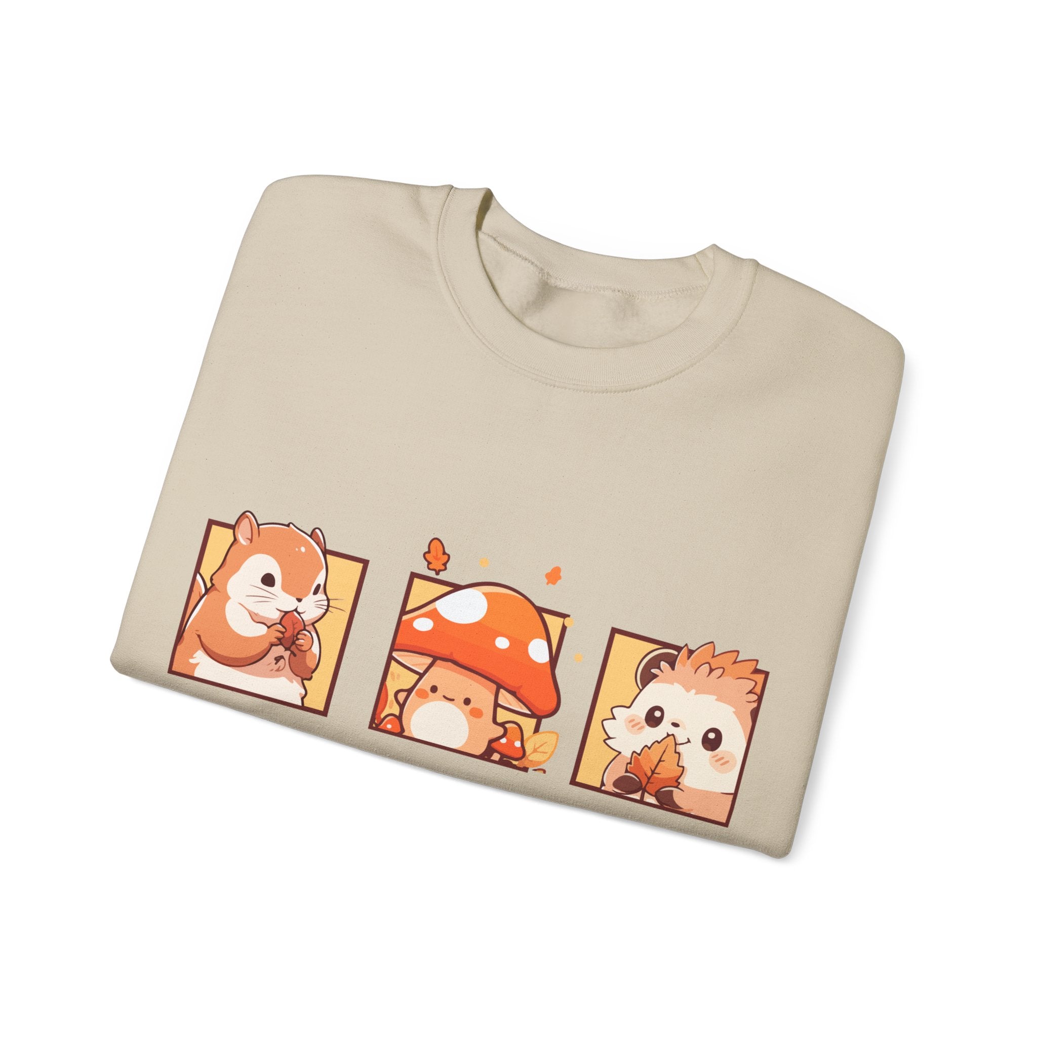 Beige sweatshirt with a cute cartoon squirrel, mushroom, and hedgehog design.