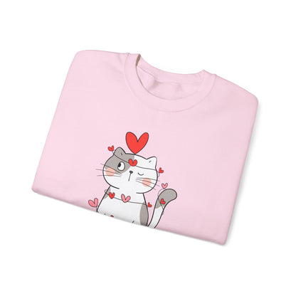 Cute Cat Valentine's Day Crewneck Sweatshirt, Cozy Unisex Sweatshirt, Cat Lover Gift, Valentine's Day Apparel, Everyday Comfort Wear