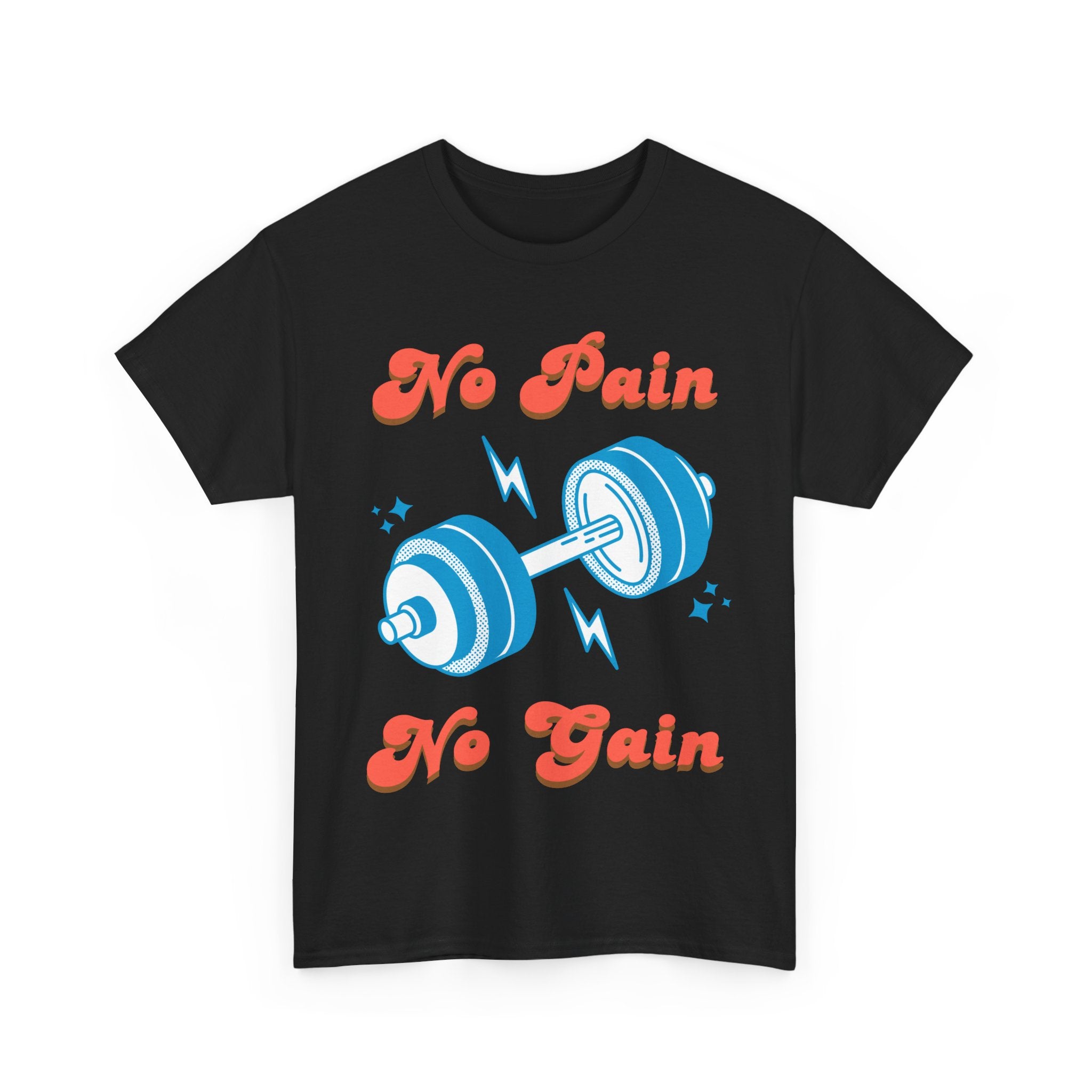 Black T-shirt with 'No Pain No Gain' text and dumbbell graphic.