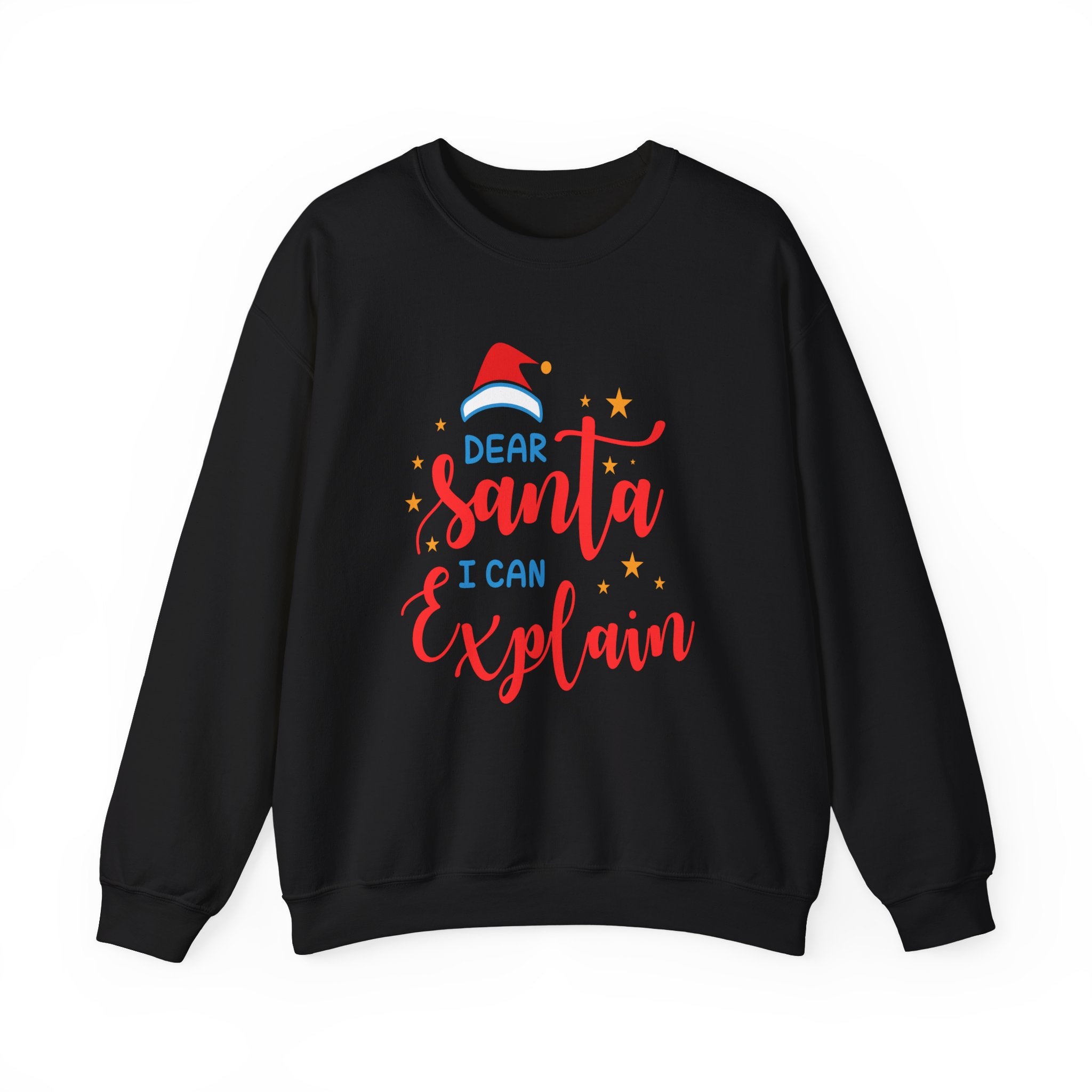 Black 'Dear Santa I Can Explain' Christmas sweatshirt with Santa hat graphic.