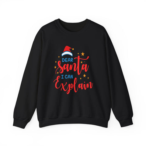 Black 'Dear Santa I Can Explain' Christmas sweatshirt with Santa hat graphic.