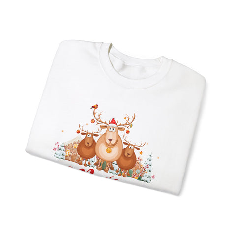 White Christmas sweatshirt with reindeer, gingerbread houses, and candy cane design.