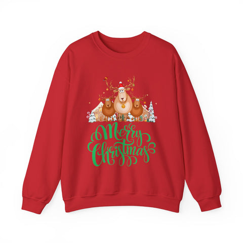 Red Christmas sweatshirt with reindeer and 'Merry Christmas' graphic.