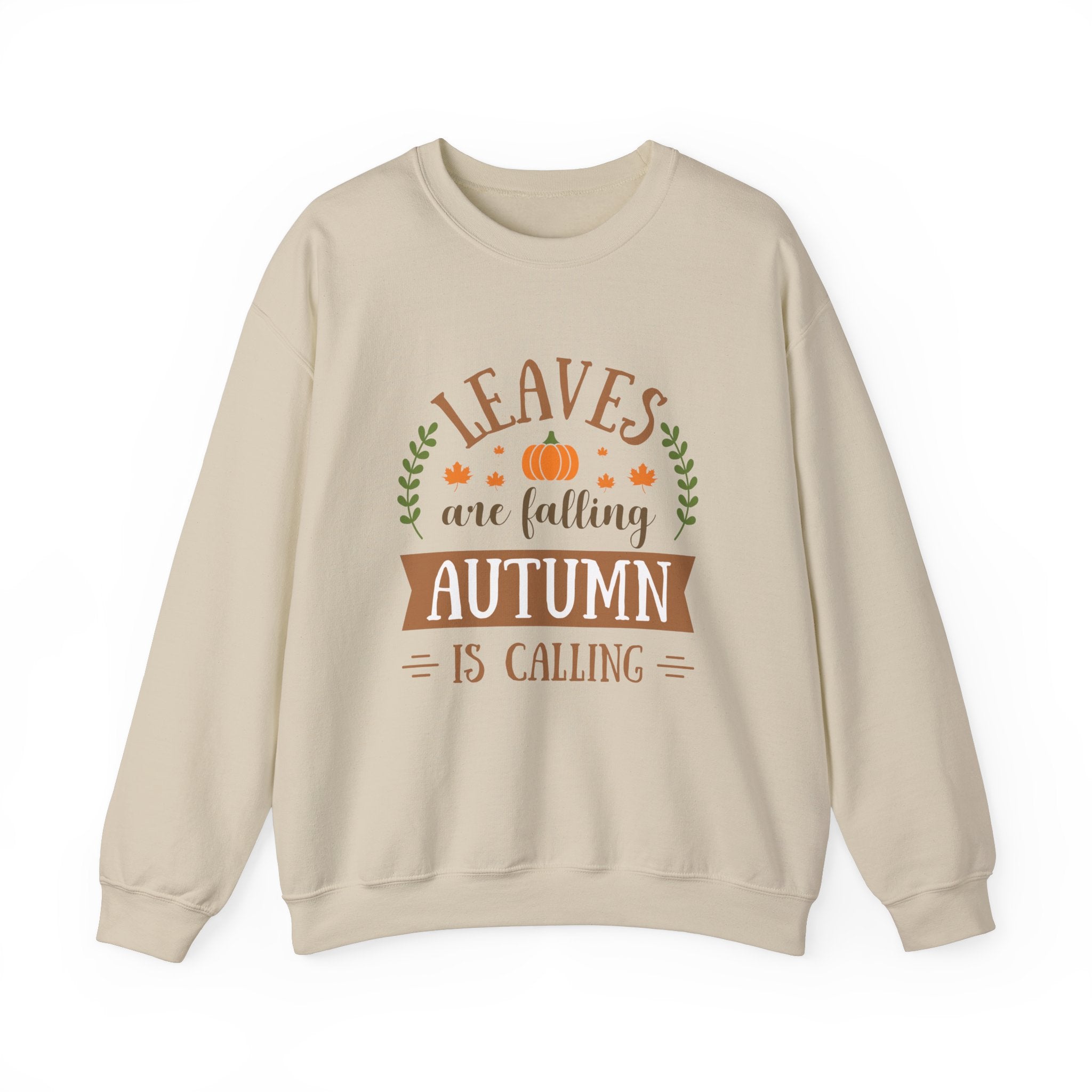 Beige crewneck sweatshirt with 'Leaves are falling, Autumn is calling' graphic.