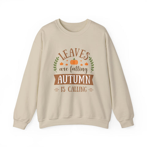 Beige crewneck sweatshirt with 'Leaves are falling, Autumn is calling' graphic.