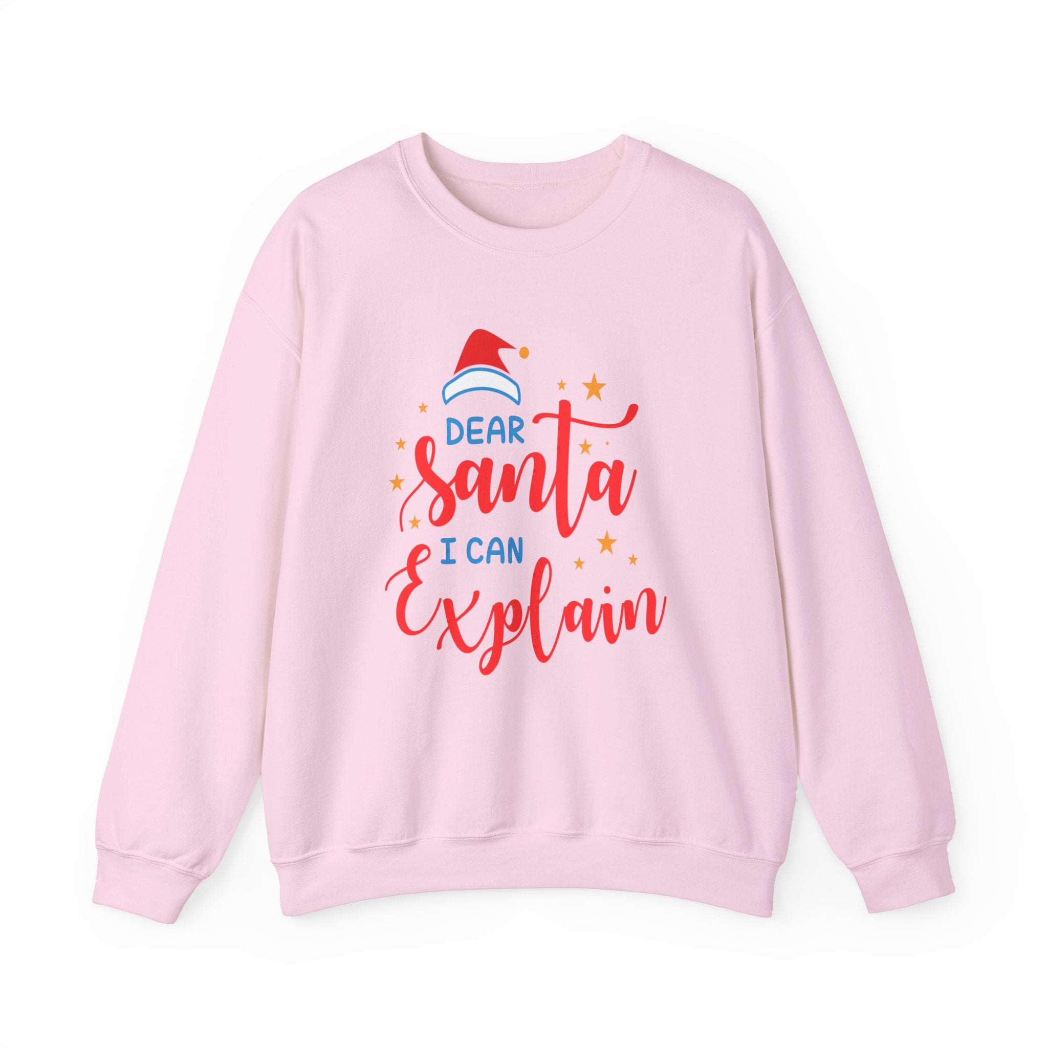 Light pink 'Dear Santa I Can Explain' Christmas sweatshirt with Santa hat graphic.