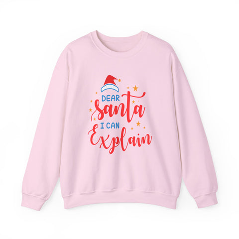 Light pink 'Dear Santa I Can Explain' Christmas sweatshirt with Santa hat graphic.